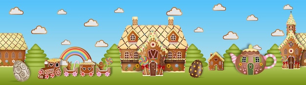 seamless easter banner with gingerbread landscape