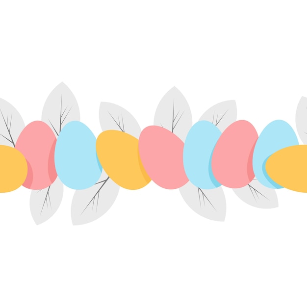 Vector seamless easter border made of colorful eggs and leaves