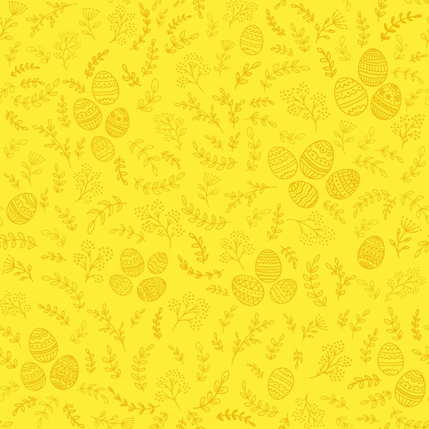 Decorazioni pasquali senza soluzione di continuità con elementi floreali con uova decorative su sfondo giallo, illustrazione.