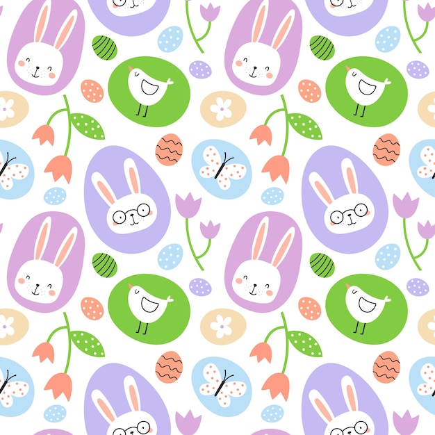 Seamless Easter pattern Hand drawn colorful children s spring easter pattern with bunnies chick an