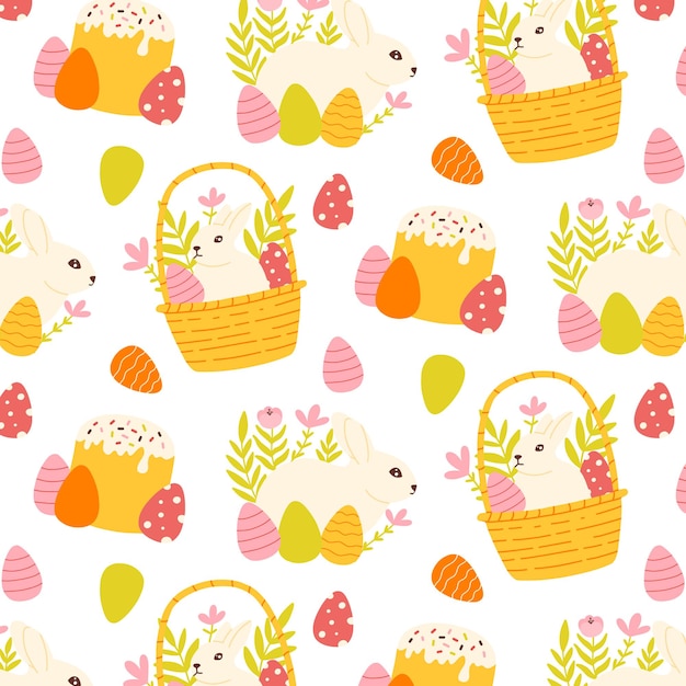 Seamless Easter pattern with bunnies eggs Easter cake Vector illustration Flat style