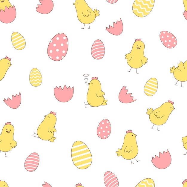 Seamless easter pattern with chickens and eggs