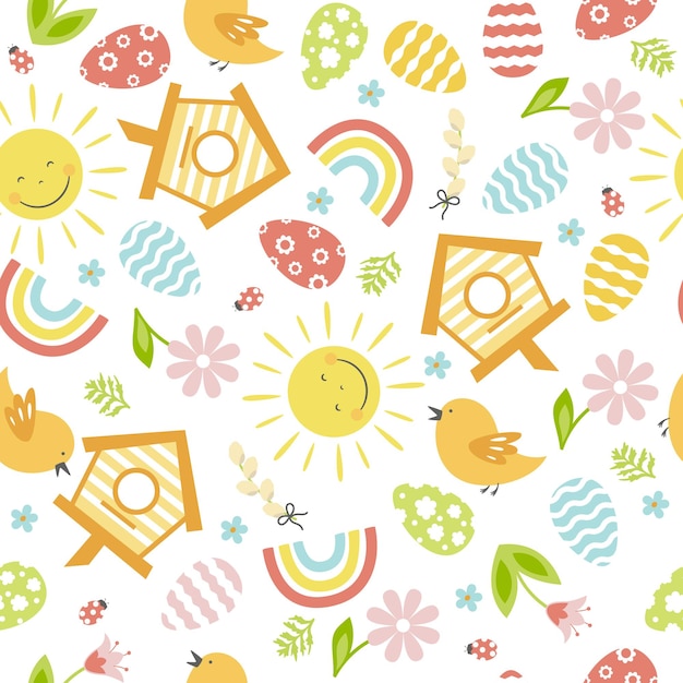 Бесшовный пасхальный узор с яйцами, цветами, птицей, радугой и солнцем, пасхальным праздником, красочным фоном