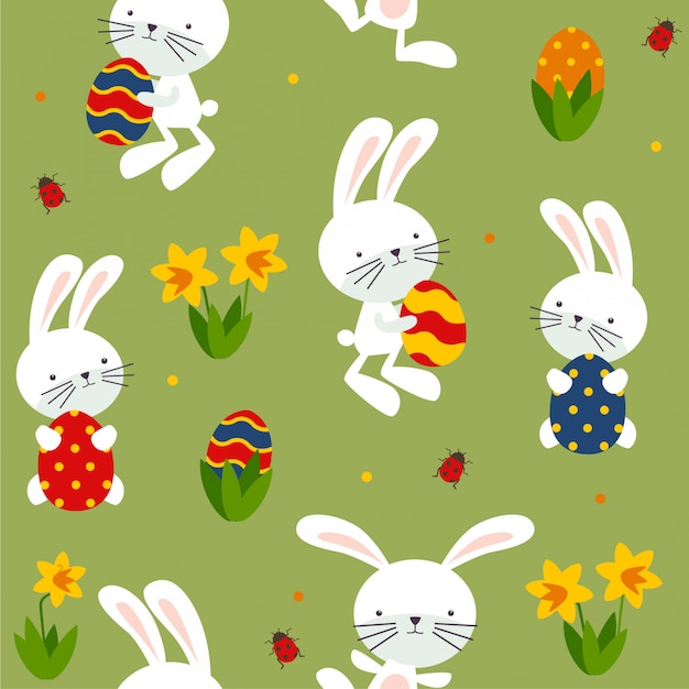 Seamless Easter pattern with rabbits and eggs.