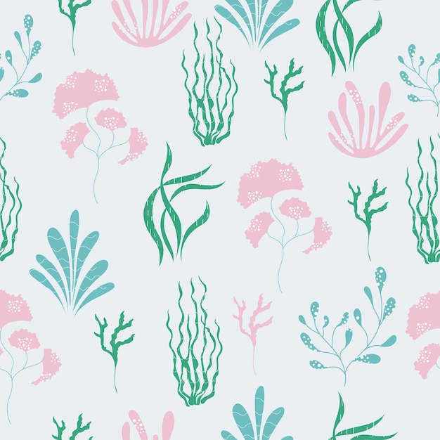 Seamless elegant pattern with hand drawn seaweeds