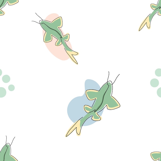 Seamless endless fish pattern with a single line on a white background