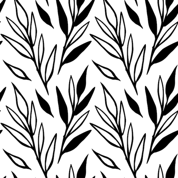 白い背景の上の枝や葉の手描きの落書きとシームレスなエンドレスパターン