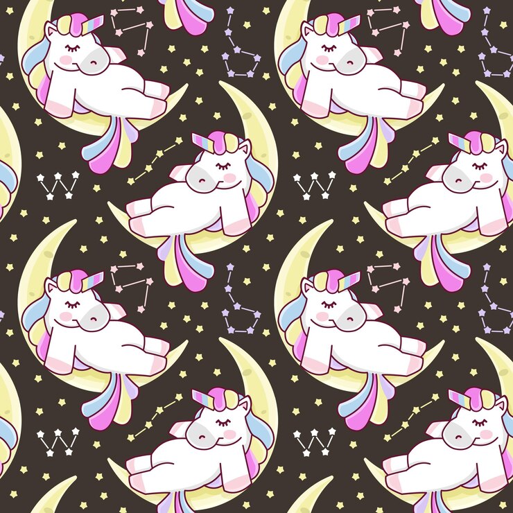 Seamless endless pattern with white unicorns rainbow and stars Isolated on dark background