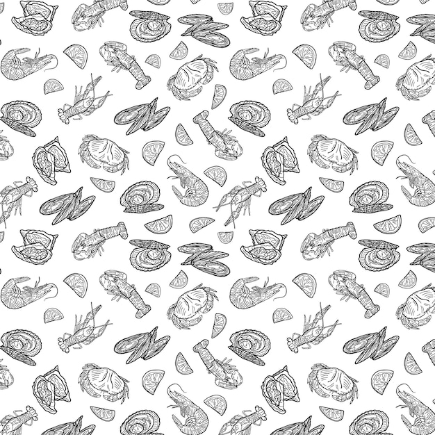 無縫の無限の海産物のパターン 手描きのイラスト