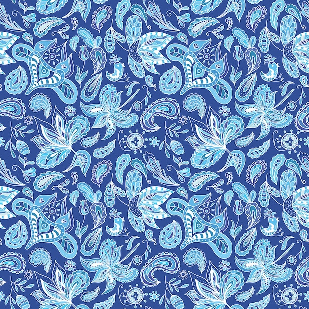 Vector seamless ethnic background in indigo shadows with eastern ornaments paisley feathers flowers in sketch doodle style for wallpaper and fabric textile design