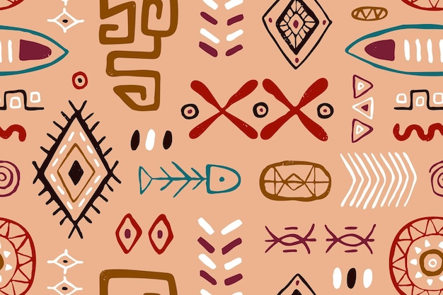 Vector seamless ethnic tribal pattern. endless mexican vintage texture with ancient doodle symbols, elements repeating print. printable drawn background. colored flat graphic vector illustration for fabric.