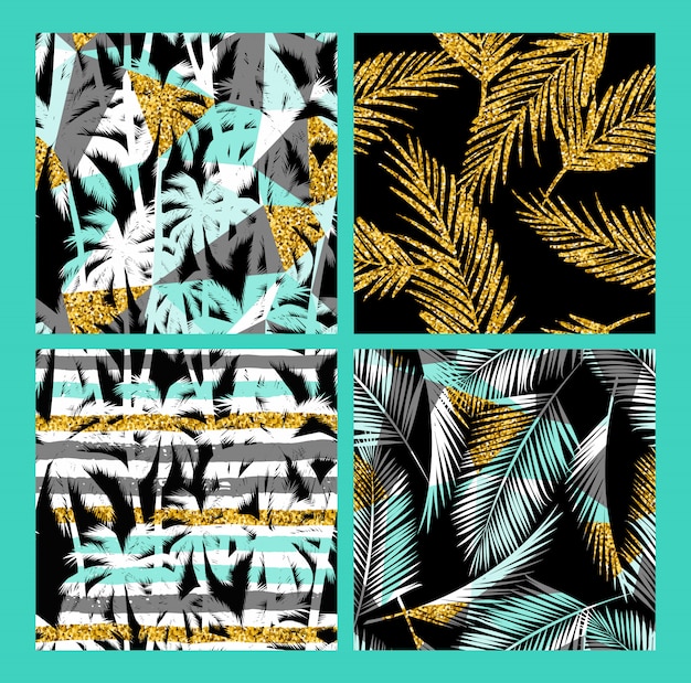 Seamless exotic pattern with tropical plants and gold glitter texture.