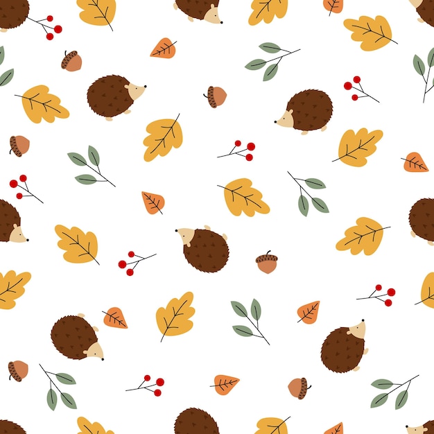 Seamless fall leaves berries and acorns with cute hedgehogs