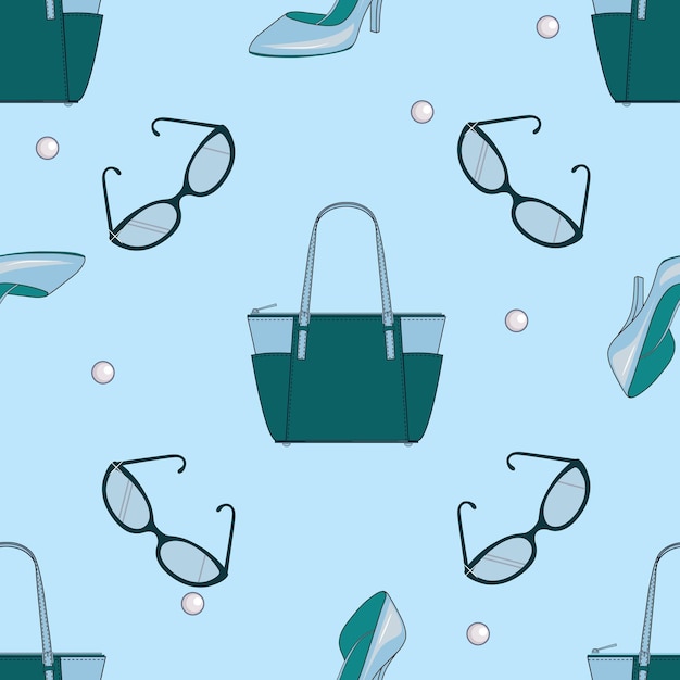 Vector seamless fashion pattern for girls or woman office accessories bags and glasses
