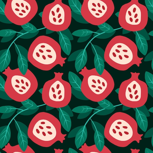 Seamless fashion pattern of pomegranate fruit half whole Vector hand drawn illustration texture in modern flat style for web print posters textile children clothes linens dress fabric