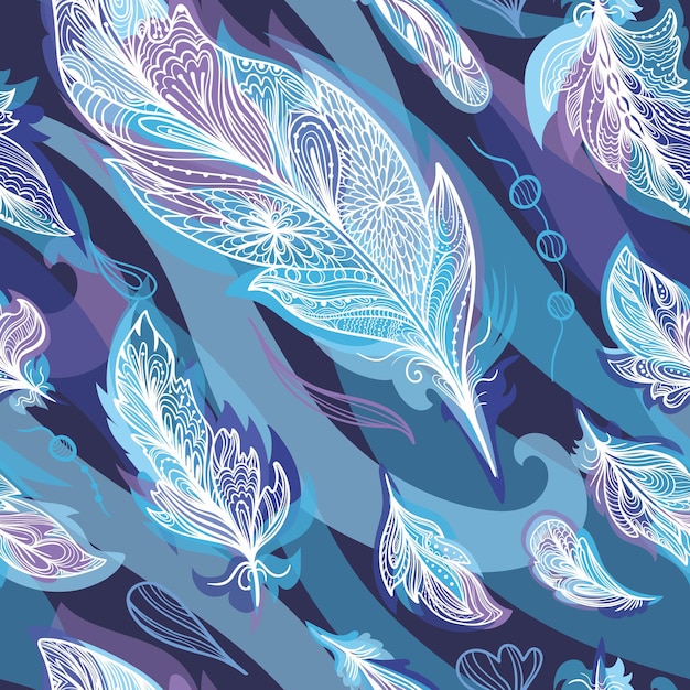 Seamless feather background hippie style in blue color for textile and paper design