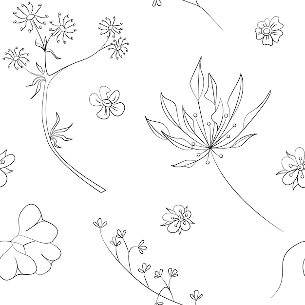 Seamless field flowers and grasses elements vector pattern
