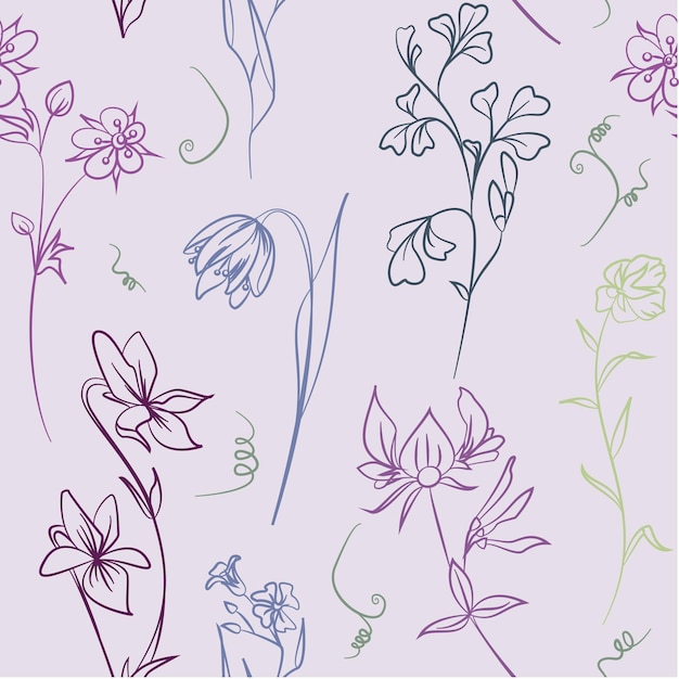 Seamless field flowers and grasses elements vector pattern