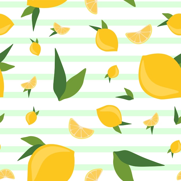 Seamless flat lemon pattern Citrus fruit and mint stripes Vector summer and mojito endless