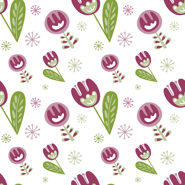 Seamless floral cute pattern Simple tulips and other flowers in ethno style