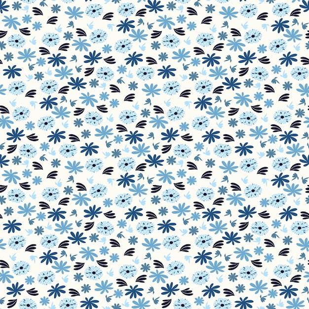 Seamless floral natural abstract pattern white background Millefleurs style Blue Flowers leaves