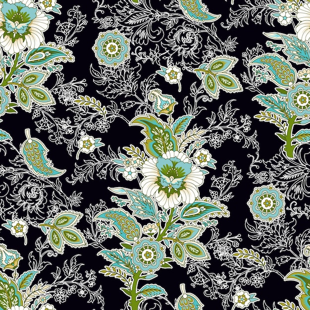 Seamless floral painted textile in the manner of Indian production