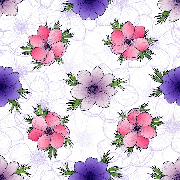 Seamless floral pattern of anemones