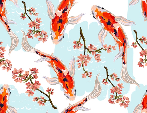 手描きの鯉魚熱帯日本の花の枝とシームレスな花柄の背景