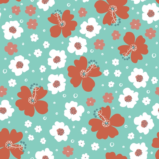 Vector seamless floral pattern beautiful background with bold flowers retro colors doodle style