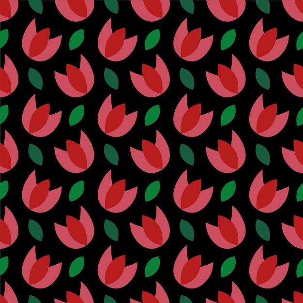 Seamless floral pattern on black background. Vector tulips and leaves. Abstract print with tulips.