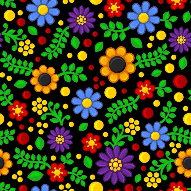 Seamless Floral Pattern on Black Background.