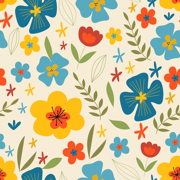 Seamless floral pattern Cute pattern with flat multicolored flowers on a beige background