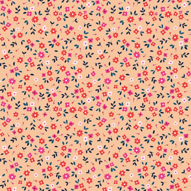 Seamless floral pattern for design Small colorful flowers Coral background Cute vintage print