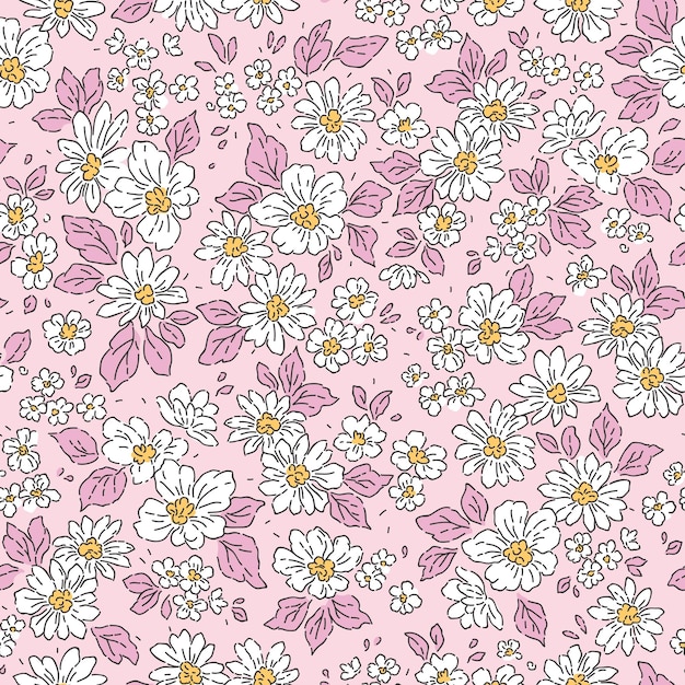 Vector seamless floral pattern for design small whit flowers pink background liberty stule