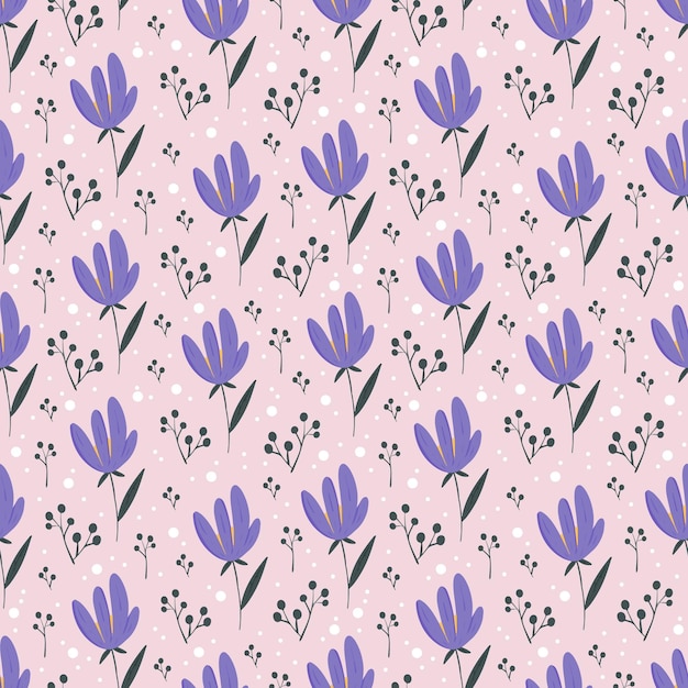 Vector seamless floral pattern design with cute purple flowers and greens on dusty pink background