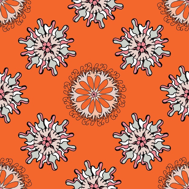 Seamless floral pattern in doodle style on an orange background Bright vector texture for fabric