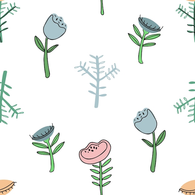 Seamless floral pattern in the doodle style with a venus flytrap