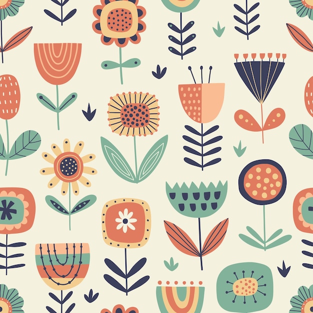 Seamless floral pattern in folk style Handdrawn vector background with stylized flowers