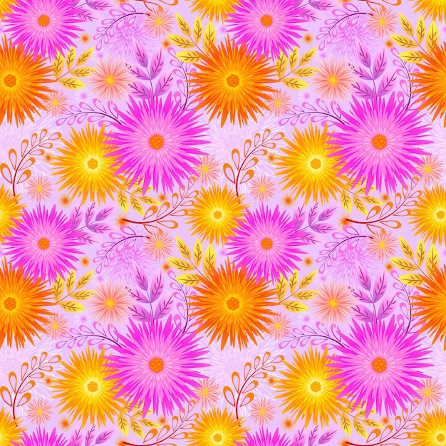 Vector seamless floral pattern of gerberas and herbal elements bright background for textiles