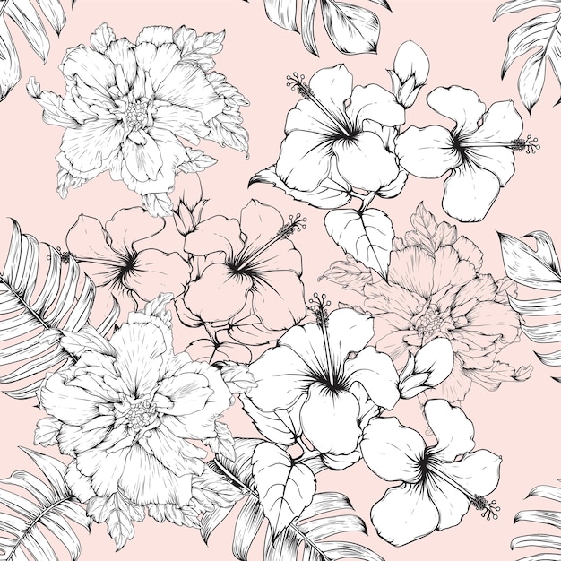 Seamless floral pattern hibiscus flowers background.