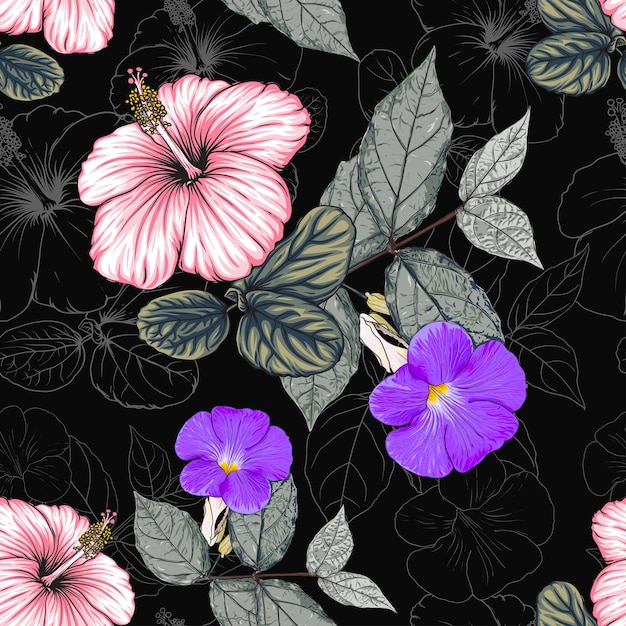 Seamless floral pattern Hibiscus flowers background.