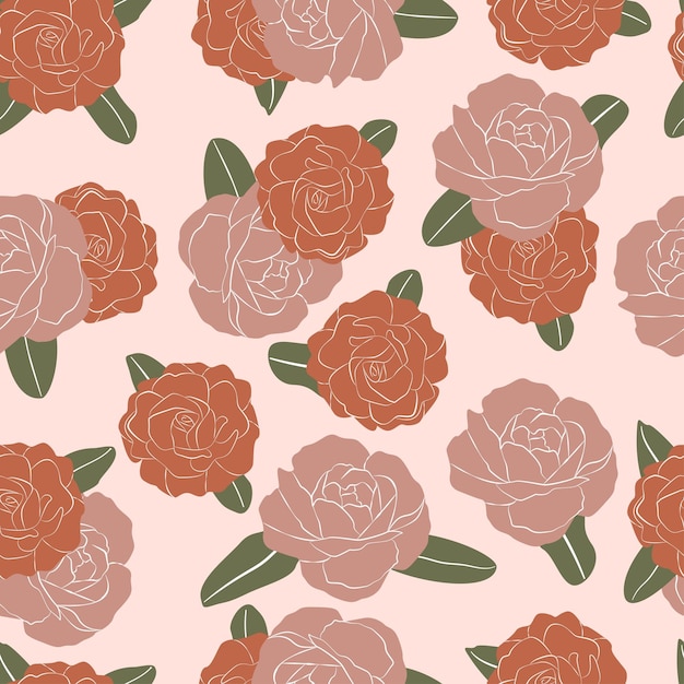 Seamless floral pattern Peonies and poses beige background Pink and orange flowers