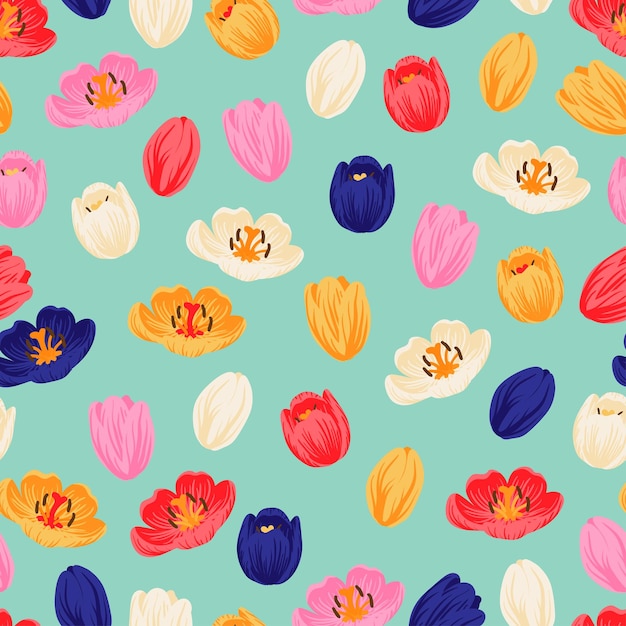 Seamless floral pattern red yellow purple pink tulips and green leaves Spring flowers background