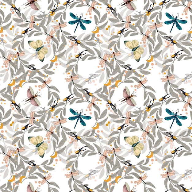 Vector seamless floral pattern seamless pattern with watercolor beetles round twig
