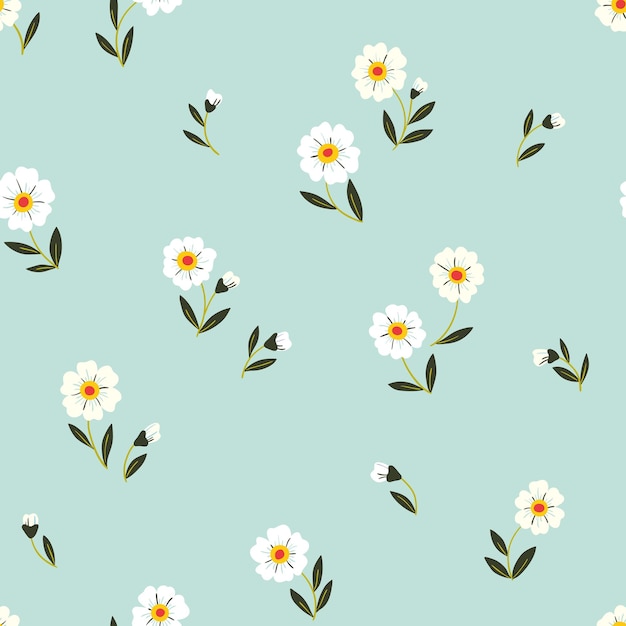 Бесшовный цветочный узор простой и милый принт с белыми цветами Красивый ботанический дизайн для тканевой бумаги маленькие нарисованные вручную цветы листья на синем фоне Векторная иллюстрация