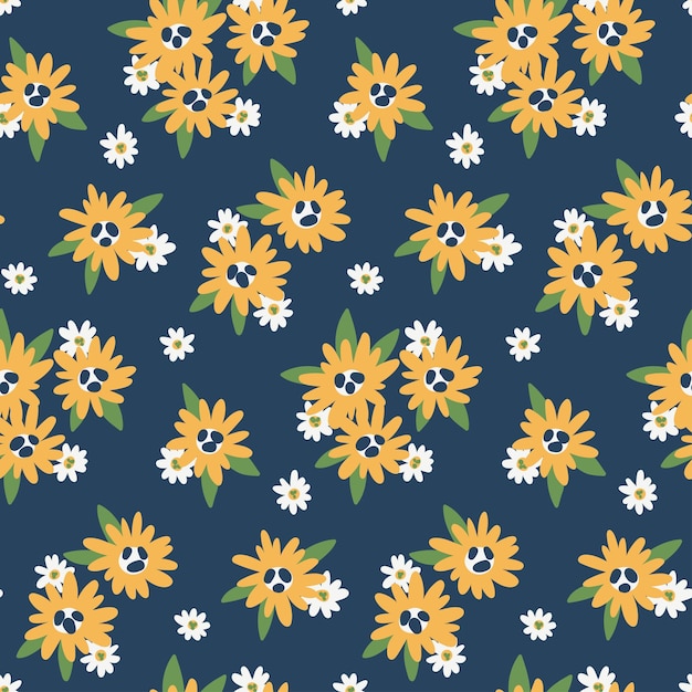 Бесшовный цветочный узор, простой орнамент с принтом и маленькими нарисованными вручную растениями. Симпатичный ботанический дизайн для тканевой бумаги, крошечные желтые цветы ромашки, листья на синем фоне. Векторная иллюстрация.