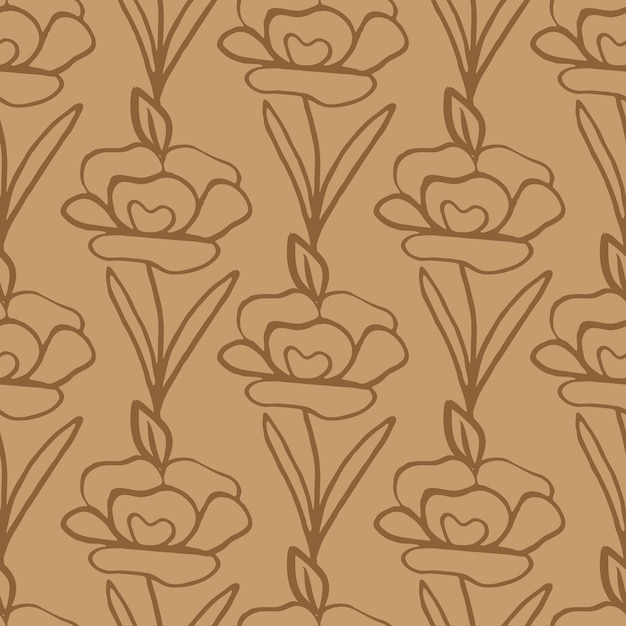Seamless floral pattern Simple outline vector illustration Graphic fabric print template Doodle line art brown background with flowers Scrapbook or wrapping paper