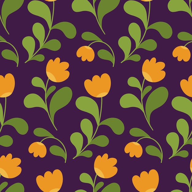 Seamless floral pattern in the style of Russian painting. Small orange flowers together with leaves in an abstract composition. Vector illustration.