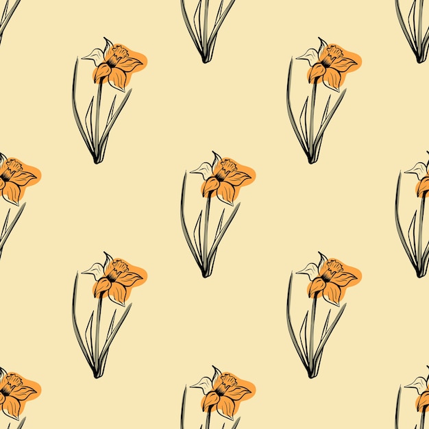 Seamless floral pattern in vintage style silhouette of narcissus flower on yellow background