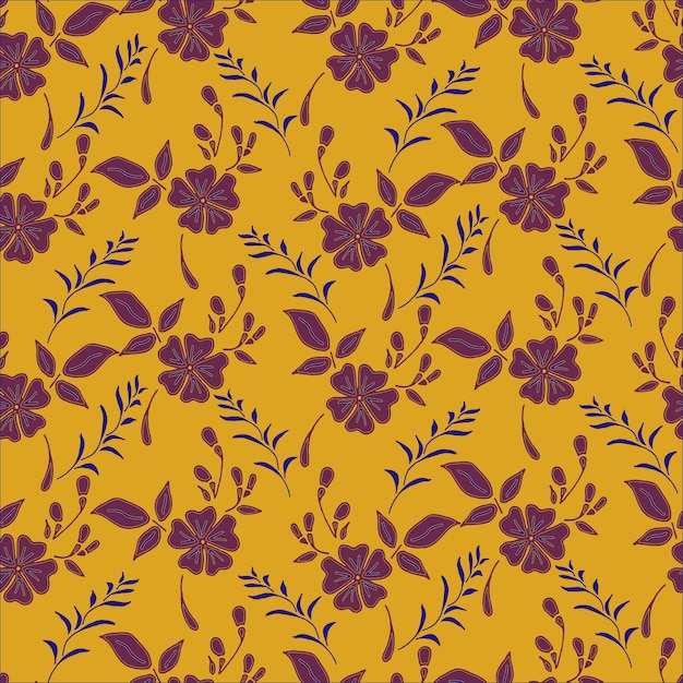 Seamless floral pattern with bright colorful flowers and leaves on a mustard background.